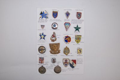 a picture of a poster with many different badges on it