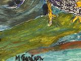 a painting of a bird that is sitting on a tree branch