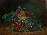un tableau représentant un bol de cerises posé sur une table