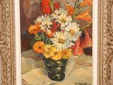 an oil painting of a vase of flowers on a table