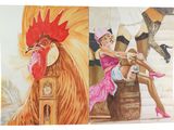 two pictures of a woman sitting on a barrel with a rooster