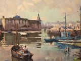 une peinture représentant un groupe de bateaux dans l'eau