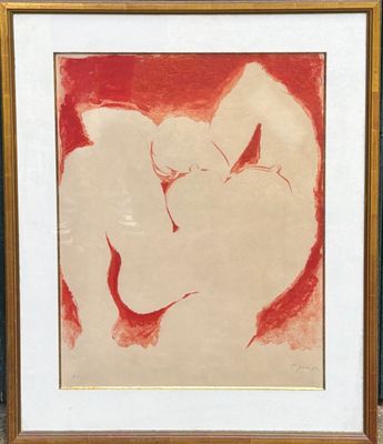 tableau représentant un couple s'embrassant devant un fond rouge