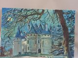 an oil painting of a castle in the middle of a field