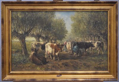 a painting of a group of cows in a field