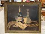 a painting of a bottle of wine and two glasses on a table