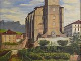 painting of a church in a village with a green field in front of it