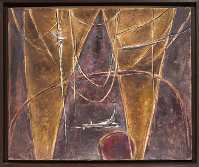 peinture abstraite représentant une femme portant un chapeau rouge et une robe marron
