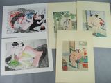 four framed prints of women in traditional japanese art on a blue background