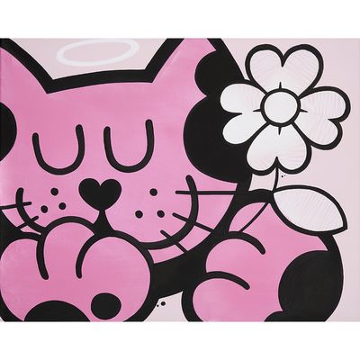 tableau représentant un chat avec une fleur sur fond rose