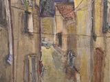 painting of a street scene with buildings and a person walking down the street