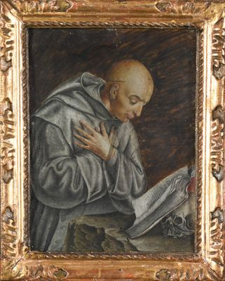 un vieux tableau représentant un homme en train de lire un livre, dans un cadre doré