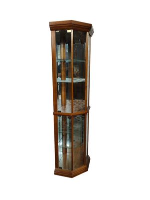a wooden display case with glass doors on it