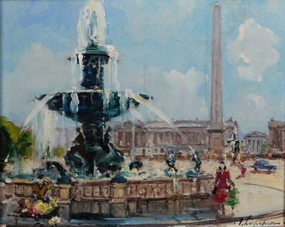 a painting of a fountain with people walking around it