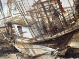 a painting of a boat that is sitting in the water