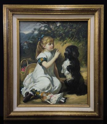 tableau représentant une jeune fille avec un chien et un panier de fleurs