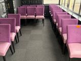 de nombreuses chaises violettes dans une pièce dotée d'une grande fenêtre