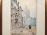 tableau représentant une scène de rue avec un cheval et une calèche devant un immeuble