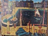 un tableau représentant un bateau dans un port, posé sur un chevalet