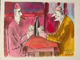 tableau représentant deux hommes assis à une table avec une bouteille de vin