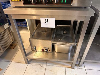 une table sur laquelle sont posées deux casseroles, avec une étiquette de prix dessus