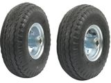pair of black wheels with silver spokes on a white background