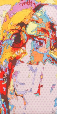painting of a dog wearing a hat and glasses on a polka dot background