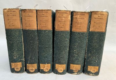 six old books are lined up in a row on a white surface