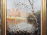 a painting of a lake with trees and water in the foreground