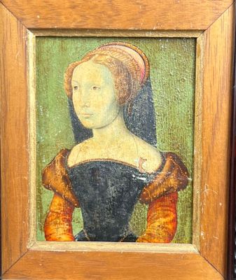 an old painting of a woman in a black dress with a red headband