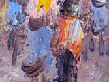 an oil painting of a group of people walking down a street