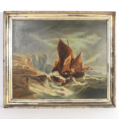 une peinture à l'huile représentant un bateau sur une mer agitée, avec une falaise en arrière-plan