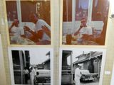 three black and white photos of a man and a woman in front of a car