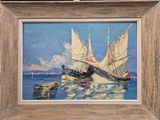 a painting of a boat in the water with other boats in the water