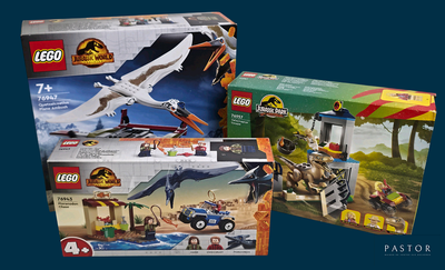 deux boîtes de Lego sur lesquelles figurent un dinosaure et un oiseau