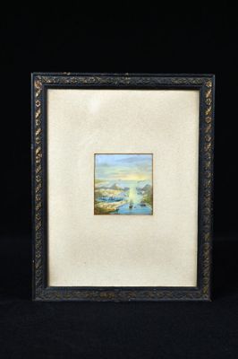 peinture d'un paysage avec une rivière et des montagnes en arrière-plan