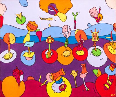 painting of a group of people in a field with fruit and vegetables
