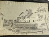 an old drawing of a house with a man standing in front of it