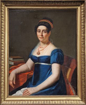portrait of a woman in a blue dress with a red necklace