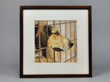 tableau représentant un chien dans une cage, regardant par la fenêtre