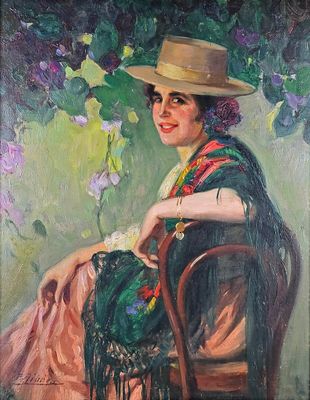 un tableau représentant une femme assise sur une chaise, coiffée d'un chapeau