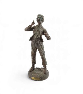 bronze statue of a man with a hat and tie on a white background