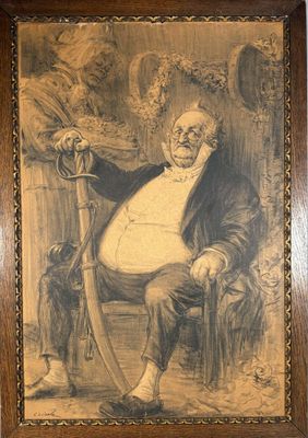 tableau représentant un vieil homme assis sur une chaise, une canne à la main