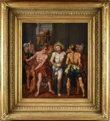 un tableau représentant un groupe d'hommes assis autour d'une table
