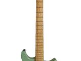 an electric guitar with a green body on a white background