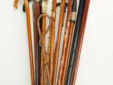 many different types of walking canes lined up against a wall