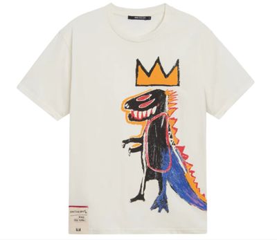a white t - shirt with a drawing of a dinosaur wearing a crown