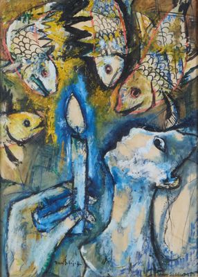 an image of a painting of a dog and fish in a vase
