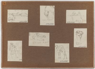 des croquis représentant un homme et une femme à cheval, un homme à cheval, une femme à cheval, un homme à cheval et un cheval
