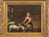 an oil painting of a woman washing a fish in a kitchen